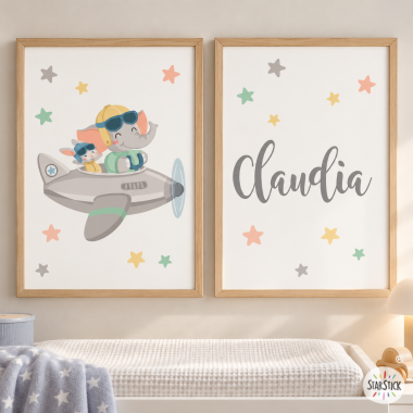 2 quadres personalitzables – Avioneta amb elefant – Decoració per a l’habitació del nadó