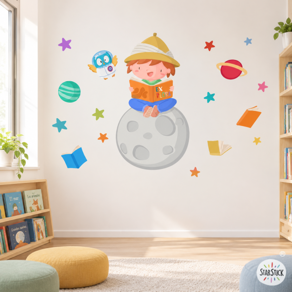 Stickers muraux pour écoles et bibliothèques - Enfant lisant sur la lune