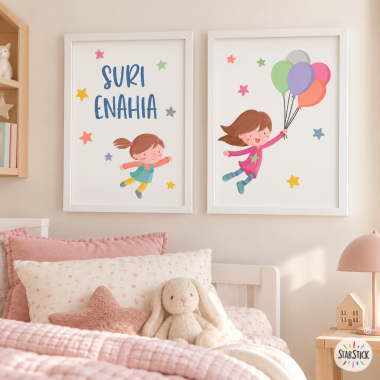 2 cuadros infantiles personalizables – Hermanas con globos