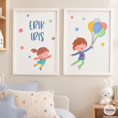 Tableaux personnalisés pour enfant – Frères et sœurs avec des ballons – Décoration enfant