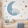 Vinil infantil per a nadó amb elefant dormint a la lluna blava, decoració de paret per a habitació de nadó personalitzada.