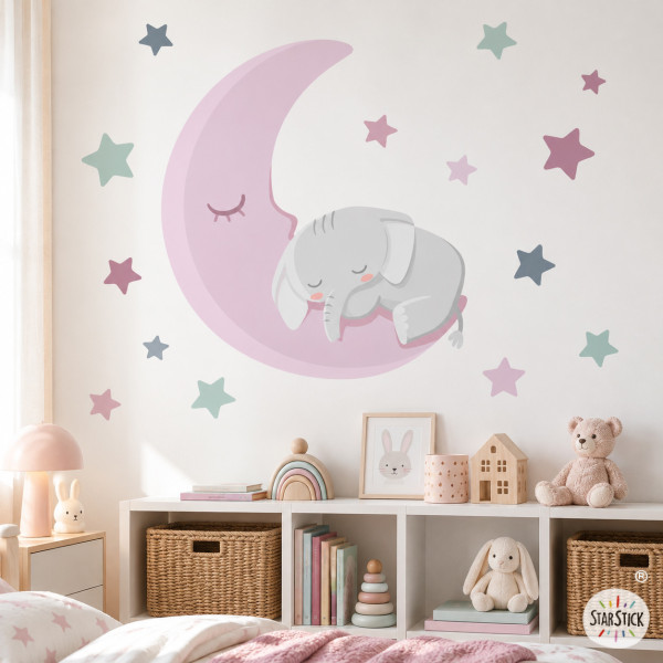 Sticker mural bébé avec éléphant dormant sur une lune rose, décoration murale pour chambre de bébé personnalisée.