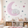 Sticker mural bébé avec éléphant dormant sur une lune rose, décoration murale pour chambre de bébé personnalisée.