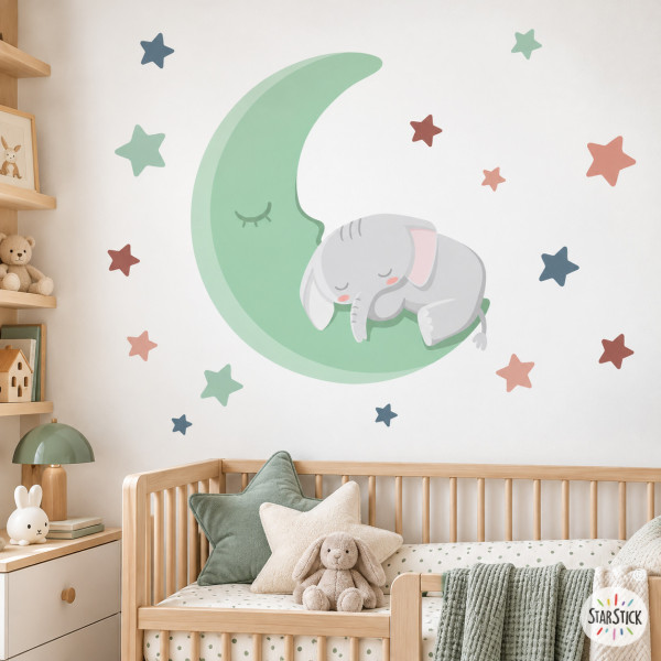 Sticker mural bébé avec éléphant dormant sur une lune verte, décoration murale pour chambre de bébé personnalisée.