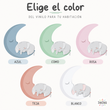 Vinil infantil per a nadó amb elefant dormint a la lluna blava, decoració de paret per a habitació de nadó personalitzada.