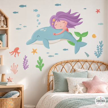 Vinilos niña sirena con delfín – Decoración de pared para habitación de niña