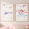 Niña con unicornio - 2 Cuadros infantiles personalizados con nombre