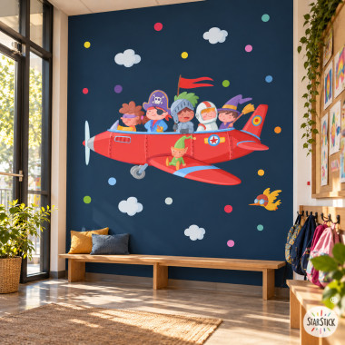 Vinilo escolar de avión con personajes de cuentos infantiles, nubes y elementos decorativos para aulas y pasillos