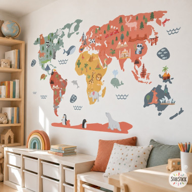 Acheter sticker éducatif carte du monde enfant ocre, adhésif mural pour décoration scolaire en écoles et classes