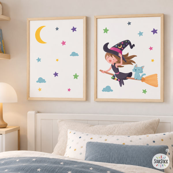 Bruja voladora. Pack de 2 láminas infantiles personalizables