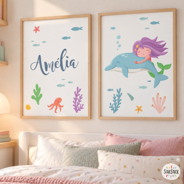 2 cuadros infantiles personalizados – Sirena con delfín | Decoración niña