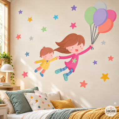 Comprar vinilo infantil personalizado para niñas hermanas con globos, pegatina de pared para habitación infantil y de bebé