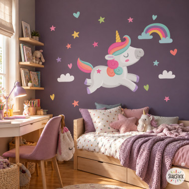 Comprar vinil infantil unicorn màgic amb arc de Sant Martí i estrelles, adhesiu de paret per a habitació de nena estil nòrdic