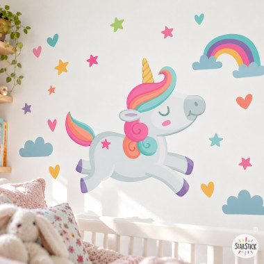 Acheter sticker mural licorne magique avec arc-en-ciel et étoiles, adhésif décoratif pour chambre de fille style scandinave