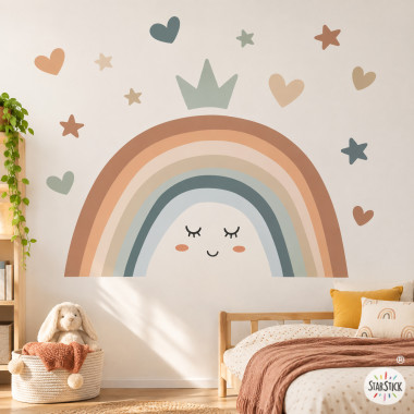 Vinilo arcoíris infantil en tonos neutros con corazones, estrellas y corona para habitación infantil, pegatina infantil de pared