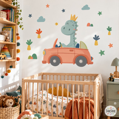 Sticker mural pour bébé avec dinosaure en voiture, décoration pour chambre de bébé