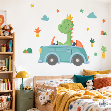 Baby wall decal with dinosaur in a car, cute nursery wall decor for baby room