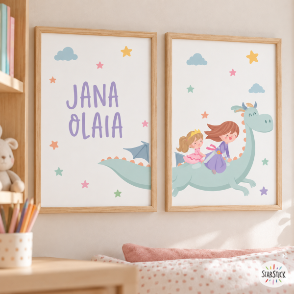 Tableaux  personnalisées pour enfants - Dragon avec 2 princesses