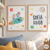 2 Hermanos con cohete (niño + niña). Conjunto de 2 cuadros infantiles personalizables