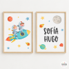 2 Hermanos con cohete (niño + niña). Conjunto de 2 cuadros infantiles personalizables