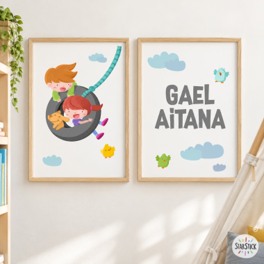 Pack de 2 cuadros decorativos - Niño y niña en el columpio
