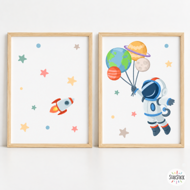 2 Cuadros infantiles personalizados - Astronauta con planetas