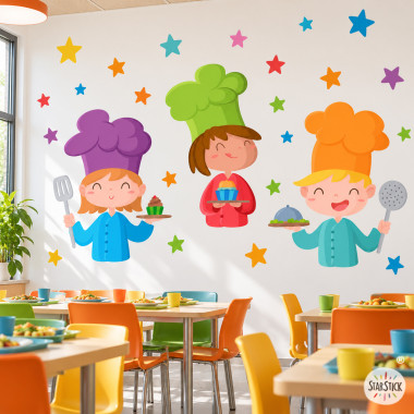 Stickers muraux pour cantines scolaires avec trois cuisiniers, décoration pour écoles et espaces éducatifs