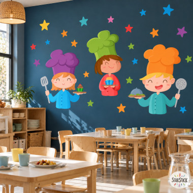 School cafeteria wall decals with three chefs, decorative wall stickers for schools and educational spaces