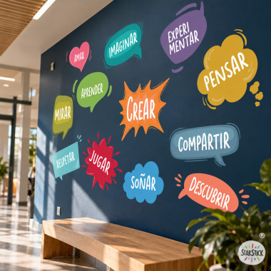 Vinil decoratiu educatiu per a escoles amb paraules motivadores i nens aprenent junts en una aula de primària