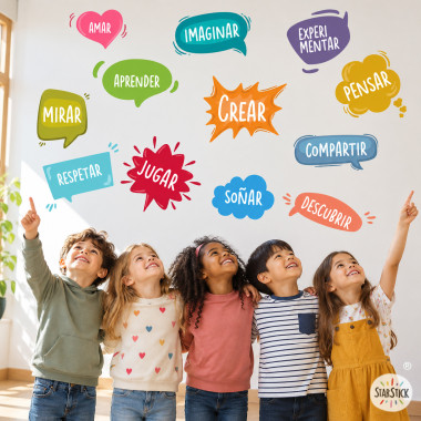 Vinil decoratiu educatiu per a escoles amb paraules motivadores i nens aprenent junts en una aula de primària