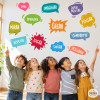 Vinilo de pared infantil para escuela primaria con mensajes sobre aprender, crear, compartir, respetar y soñar