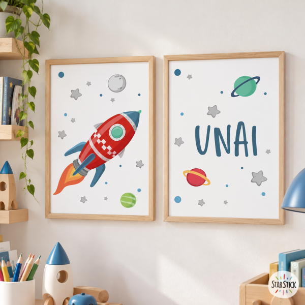 2 cuadros decorativos infantiles - Cohete en el espacio