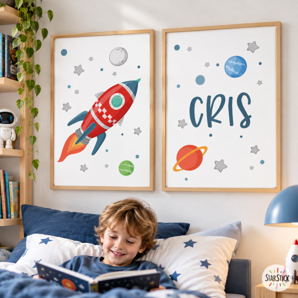 2 cuadros decorativos infantiles - Cohete en el espacio