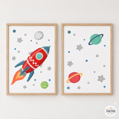 2 cuadros decorativos infantiles - Cohete en el espacio