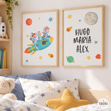 2 Personalized Kids’ Prints – 3 Siblings with Rocket | Kids’ Room Decor