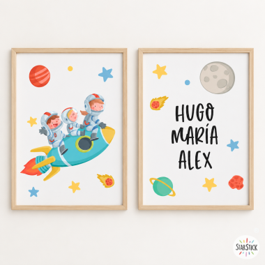 2 quadres infantils personalitzats – 3 germans amb coet | Decoració infantil