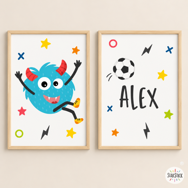 Set of 2 decorative wall art prints for kids and teens - Big Monster Football