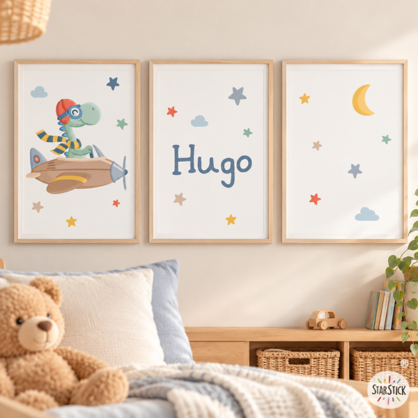 Pack de 3 láminas infantiles personalizables - Avión con dinosaurio