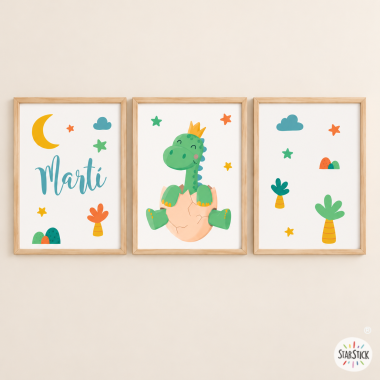 Pack de 3 Cuadros infantiles - Bebé dinosaurio - Decoración personalizable para bebés