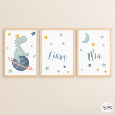 3 cuadros infantiles para bebé - Dinosaurio soñador - Decoración personalizable