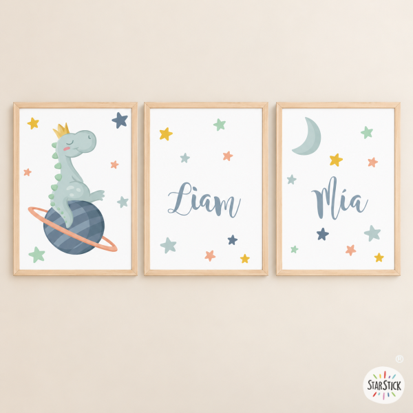 3 tableaux décoratifs pour bébé - Dinosaure rêveur - Décoration personnalisable