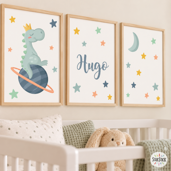 3 cuadros infantiles para bebé - Dinosaurio soñador - Decoración personalizable