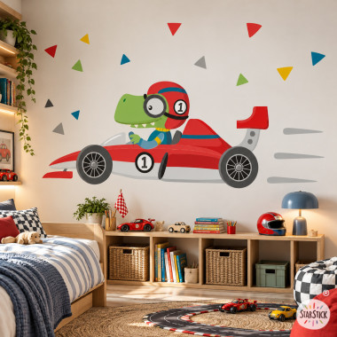 Personalized kids racing car wall sticker with driver and name Aitor for boys’ bedroom