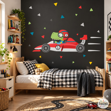 Vinil infantil personalitzat de cotxe de carreres amb pilot i nom Aitor per a habitació de nen