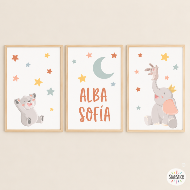 Pack de 3 cuadros personalizados para bebé - Animales tocando la luna