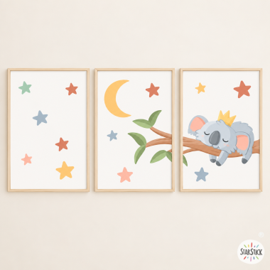 3 Cuadros infantiles - koala durmiendo en la rama - Decoración personalizable para bebés