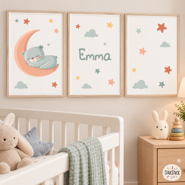 3 cuadros decorativos para bebé personalizados - Oso en la luna