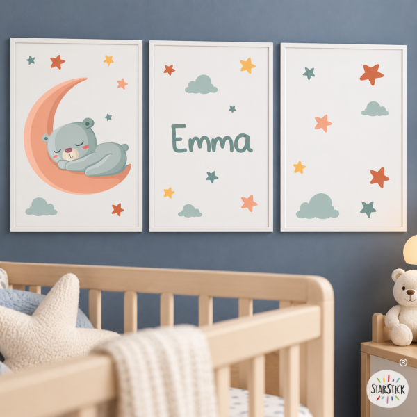 3 cuadros decorativos para bebé personalizados - Oso en la luna