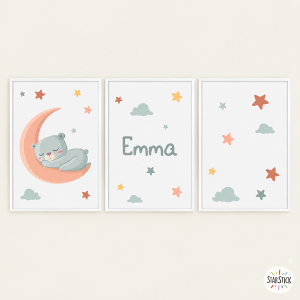 3 cuadros decorativos para bebé personalizados - Oso en la luna