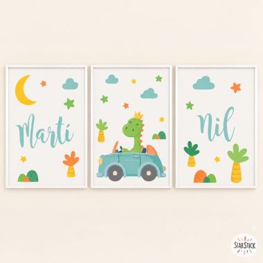 Affiches pour enfants. Voiture avec dinosaure. Décoration personnalisable pour bébé
